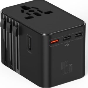 45W Universal Travel Adapter – Compact Plug with 3 USB-C & 2 USB-A Ports for EU/UK/US/AU, International Power Adapter Worldwide Charger, CE/FCC/RoHS Certified (Black)