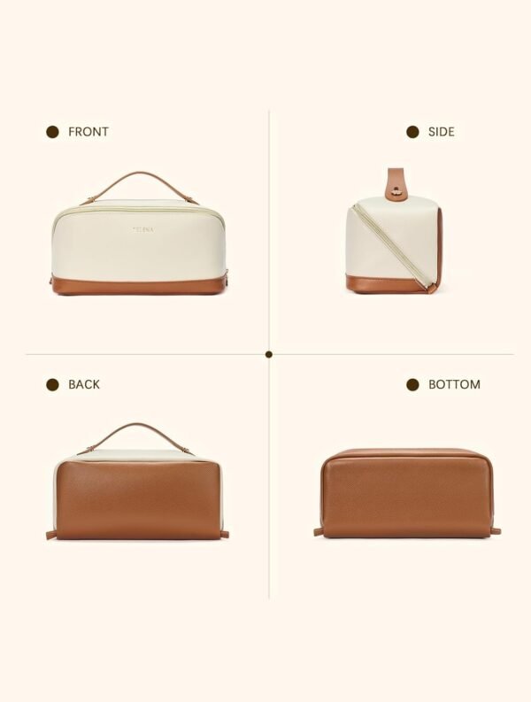 Telena Makeup Bag Large Capacity Travel Cosmetic Bag Portable PU Leather Water Resistant Makeup Organizer Bags for Women with Handle and Divider Open Flat Beige with Brown - Image 6