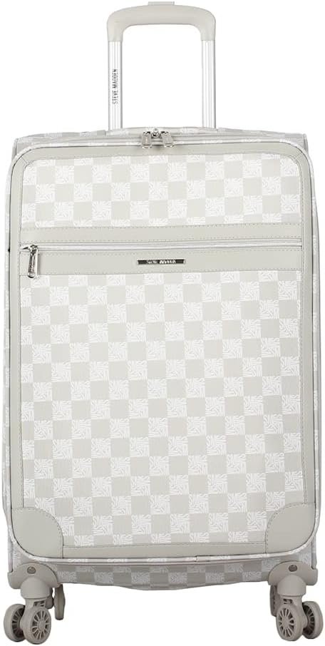 Steve Madden Designer Luggage Collection - Lightweight 24 Inch Expandable Softside Suitcase - Mid-size Rolling 4-Spinner Wheels Checked Bag (Chalet Light Grey, 24in)