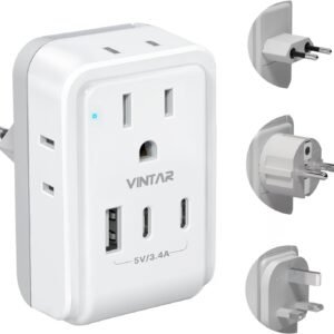 VINTAR European Travel Plug Adapter Kit, Adapter for Europe Plug with 3 USB Ports (2 USB C) 4 AC Outlets, Type C,G,E/F Detachable Attachments, International Power Adapter for Europe UK France Italy