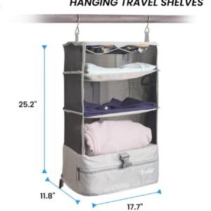 Stow-N-Go Portable Hanging Travel Shelves, Packing Organizer for Luggage. Carry on Closet with Hanger for Clothes. Expandable Packing Cube. Travel Essentials, Light Gray – L