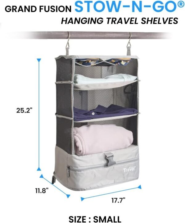 Stow-N-Go Portable Hanging Travel Shelves, Packing Organizer for Luggage. Carry on Closet with Hanger for Clothes. Expandable Packing Cube. Travel Essentials, Light Gray - L - Image 2