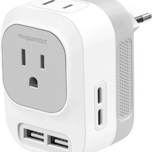 Mapambo 220V to 110V Voltage Converter US to Europe Converter for European Travel Plug Adapter with 2 USB Port 2 USB C International Power Adapter (Grey)