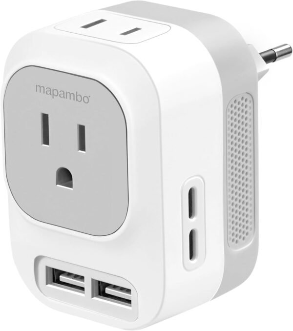 Mapambo 220V to 110V Voltage Converter US to Europe Converter for European Travel Plug Adapter with 2 USB Port 2 USB C International Power Adapter (Grey)