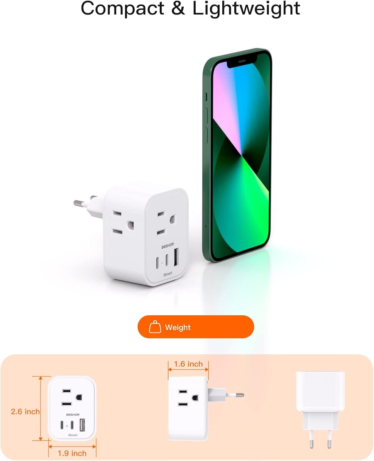 【2-Pack】 European Travel Plug Adapter, BESHON International Power Plug Adapter with 3 Outlets 3 USB Ports(2 USB C), Type C Plug Adapter Travel Essentials to Most Europe Spain Italy France Germany - Image 3