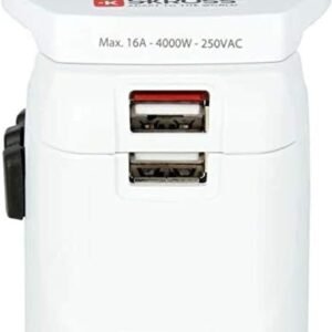SKROSS Pro Light World Travel Adapter with USB | 3-Pole Travel Adaptor with Slide System | Designed for 200+ Countries | Compact and Reliable | White