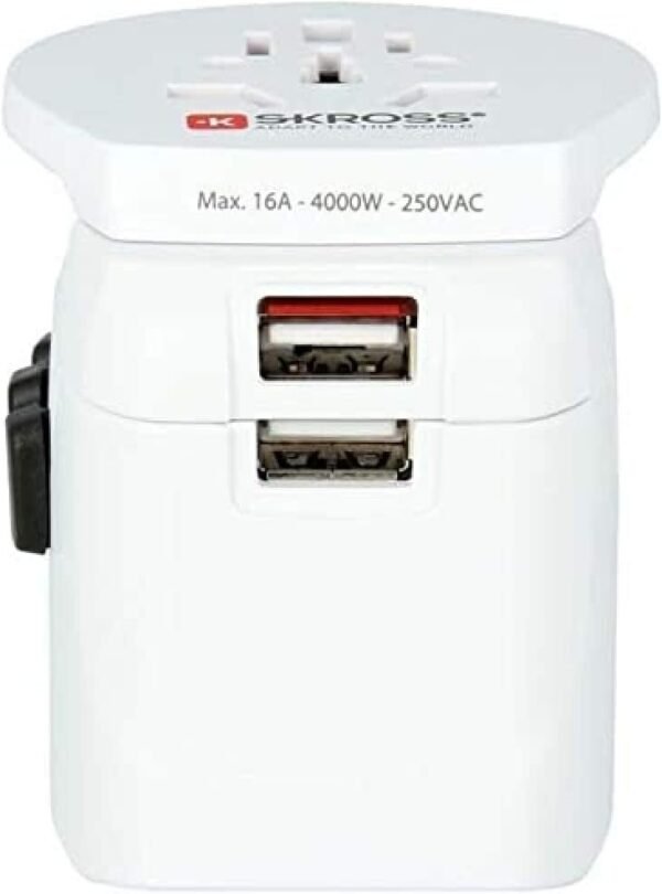 SKROSS Pro Light World Travel Adapter with USB | 3-Pole Travel Adaptor with Slide System | Designed for 200+ Countries | Compact and Reliable | White
