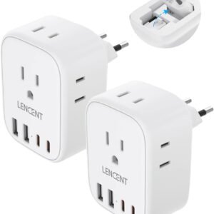 2 Pack European Travel Plug Adapter, LENCENT US to Europe Type-C Foldable Power Plug with 4 Outlets 4 USB Ports (2 USB C), Power Adaptor for USA to EU Euro Iceland Spain Italy France Germany Greece