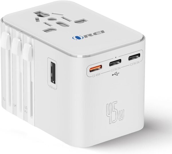 OREI 45Watt Universal Travel Adapter | 3X USBC 2XUSB A - 6-in-1 Universal Power Adapter | Universal Chargers for All Devices Compatible 150+ Countries | Type C, A, G, I Compatible