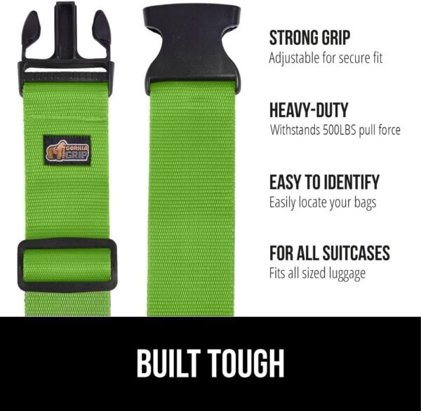 GORILLA GRIP Heavy Duty 4 Pack Adjustable Luggage Straps for Suitcases, Easy to Identify Travel Belt Connector Holds Suitcase Together, Extends Life of Bag, Strap Connects Two Bags, Accessories Green - Image 2