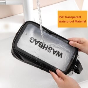 Black Travel Toiletry Bag, Waterproof Makeup Cosmetic Travel Organizer Bag for Women Men, Portable Translucent Storage Wash Bag with Handy Handle for Travel Bathroom Toiletries Accessories