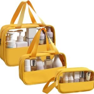 Travel Toiletry Bag, Clear Toiletry Bag Set, 3 Pcs Toiletry Bag for Skincare Products, Cosmetics, Portable Wash Bag Shower Bag (Solid Yellow)