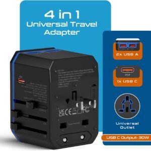 Ceptics International Power Adapter, World Travel adapter w/ PD 30W USB-C – 2 USB-A Ports Universal Adapter, Type A C G I Output for worldwide use, UP-10KU