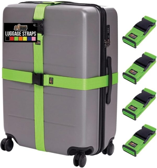 GORILLA GRIP Heavy Duty 4 Pack Adjustable Luggage Straps for Suitcases, Easy to Identify Travel Belt Connector Holds Suitcase Together, Extends Life of Bag, Strap Connects Two Bags, Accessories Green