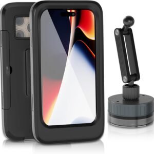 Shower Phone Holder Waterproof, 480° Rotating Twist-Lock Suction Mount, Anti-Fog Touchscreen Case for Bathroom Mirror Kitchen, Shower Phone Mount Fits Smartphone with Case up to 6.9″