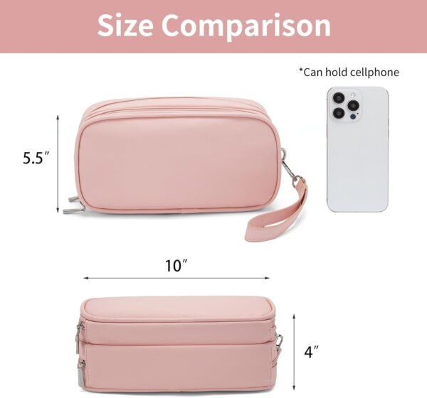 Makeup Bag for Women, Wide-open Makeup Organizer with Makeup Brush Holder, Waterproof Cosmetic Bag with Compartment, Portable Travel-Size Toiletry Bag for Traveling, Large Make Up Bag (Pink) - Image 7