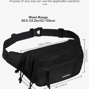 WATERFLY Fanny Pack Waist Packs: Large Crossbody Fanny Packs for Women Men with 5 Zipper Pockets Adjustable Strap Waist Bags Hip Pack for Traveling Cycling Running Hiking-Black