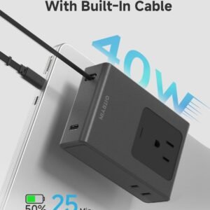 Travel Plug Adapter with Retractable 31.5in Type-C Cable, 40W International Pug Adapter with 3 Outlets, Black