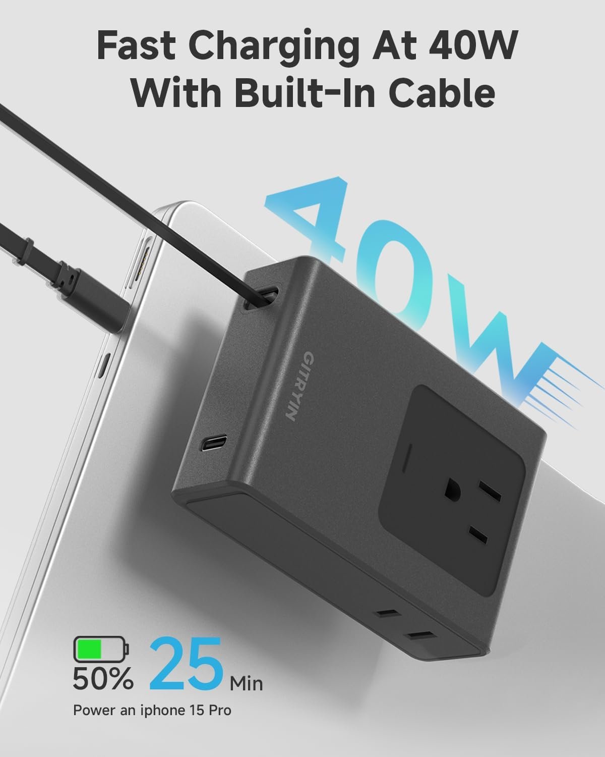 Travel Plug Adapter with Retractable 31.5in Type-C Cable, 40W International Pug Adapter with 3 Outlets, Black - Image 2