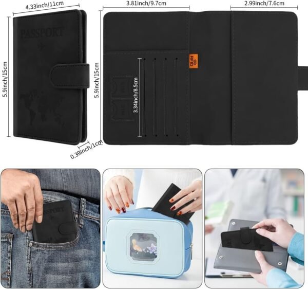 Passport Holder for Travel, Passport Cover Wallet, Premium PU Leather Passport Book Card Holder Case for Women Men, Waterproof RFID Blocking Flying Travelling Essentials Vacation Must Haves, Black - Image 3