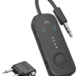 Avantree Relay – Airplane Bluetooth 5.3 Adapter with Qualcomm aptX Adaptive, Supports 2 AirPods or Headphones, 20Hr Playtime, 3.5mm AUX Wireless Audio Transmitter for Travel Flight, Airline, Gym
