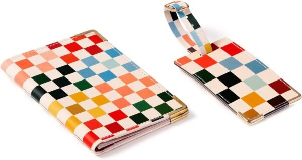 Eccolo Travel Passport Cover Holder And Luggage Tag Set, Card And Passport Holder for Women, Gift Boxed, Checkered Future (5.5x4 inches)