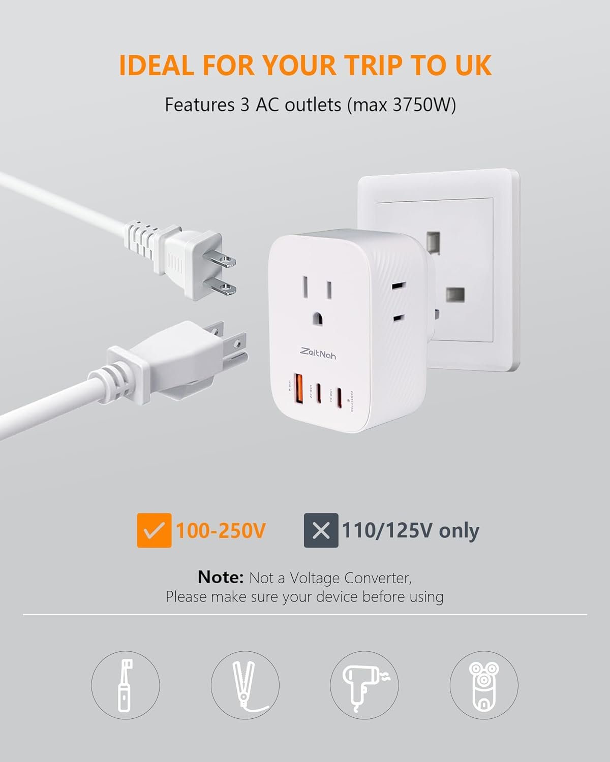 UK Travel Plug Adapter (2 Pack), Type G Plug Adapter with 30W GaN Fast Charger, 3 AC Outlets, 2 USB-C & 1 USB-A Ports, Surge Protection, Power Adapter for UK, Ireland, Singapore, Hong Kong & More - Image 6