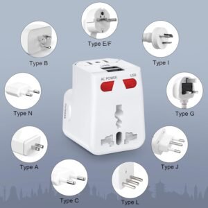 Universal Travel Adapter with Fast Charge,Worldwide Travel Plug Adapter with 2 USB Port and AC Socket (Travel Adapter White)