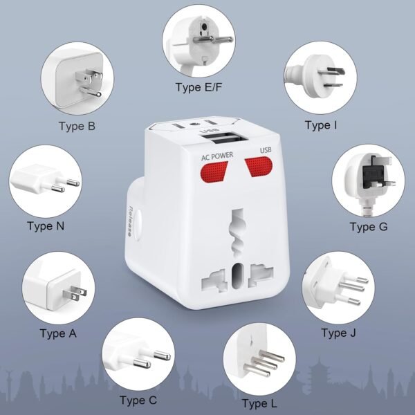 Universal Travel Adapter with Fast Charge,Worldwide Travel Plug Adapter with 2 USB Port and AC Socket (Travel Adapter White) - Image 2