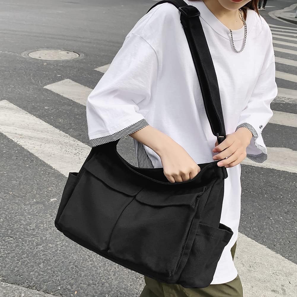 Canvas Crossbody Bag Messenger Cute Bag with Pins and Pendant for Women Girls Casual Shoulder Aesthetic School bag - Image 6