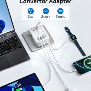 DOACE 220V to 110V Converter – 350W Cordless Voltage Converter US to Europe Power Adapter Combo with 4-Port USB Charging & Worldwide Plugs (UK/AU/US/EU) for Hair Straightener, Curler, Phone
