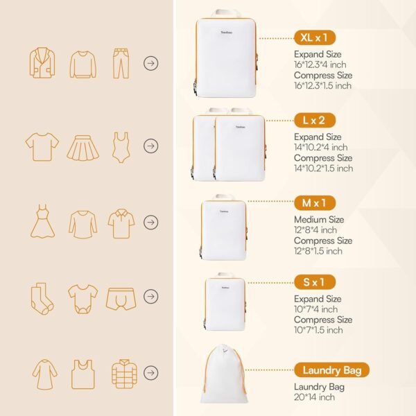 6 Set Compression Packing Cubes. Expandable and Lightweight Packing Cubes for Travel with Laundry Bag. (White). - Image 4