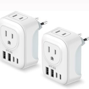 2 Pack European Travel Plug Adapter, VYLEE International Travel Adapter with 2 Outlets 4 USB Ports(2 USB C), 6 in 1 Type C Travel Essentials Charger for US to Most of Europe EU Italy Spain France