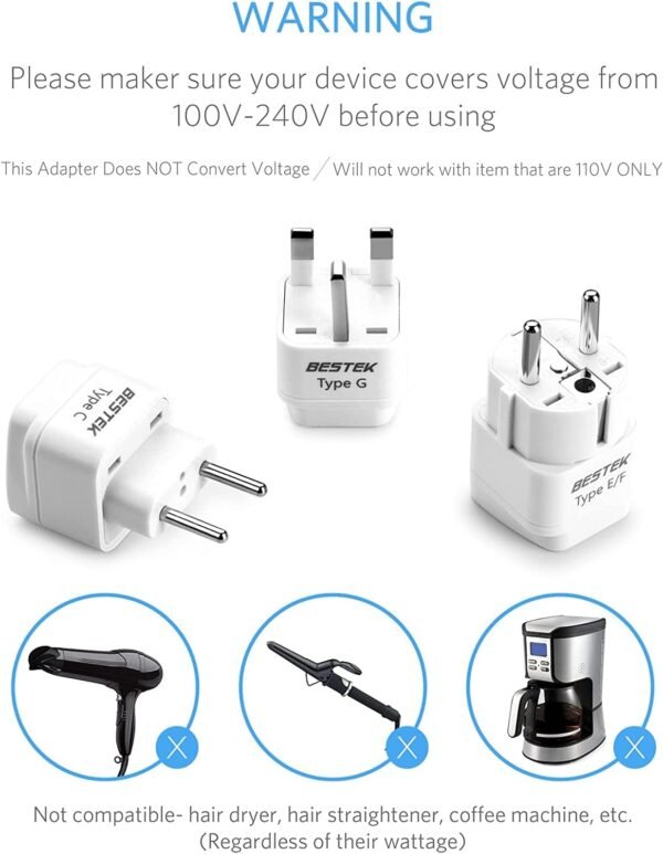 BESTEK Worldwide Travel Plug Adapter Set, Grounded Universal Power Plug Adapter for USA to US, EU, AU, UK, GE, HK and More- 8 Packs - Image 6