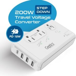 Ceptics Voltage Converter for Travel, 220V to 110V Converter w/Type C, E/F, G, I Plugs, 2000W Outlet for Hair Dryers, 4 USB w/ 1 USB-C PD 18W Fast Charge, for Curling Iron, Straightener, Chargers