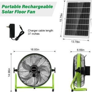 12” Solar Powered Floor Fan Rechargeble,18000mAh Battery Operated Fan 5-Blade Solar Portable Outdoor Fan 360° Tilt for Outside, Greenhouse, Camping, Shed