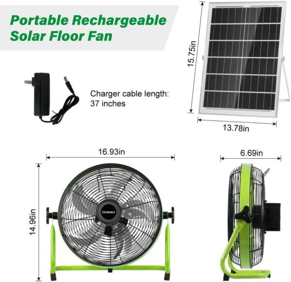 12'' Solar Powered Floor Fan Rechargeble,18000mAh Battery Operated Fan 5-Blade Solar Portable Outdoor Fan 360° Tilt for Outside, Greenhouse, Camping, Shed - Image 2