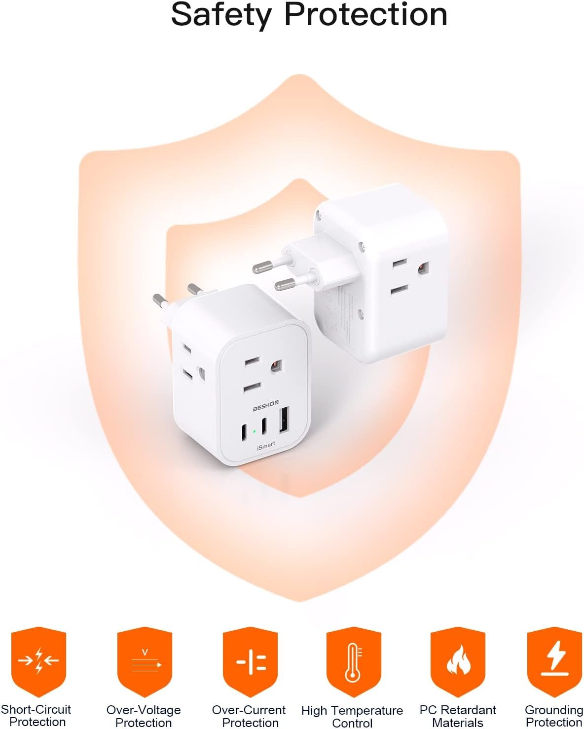【2-Pack】 European Travel Plug Adapter, BESHON International Power Plug Adapter with 3 Outlets 3 USB Ports(2 USB C), Type C Plug Adapter Travel Essentials to Most Europe Spain Italy France Germany - Image 7