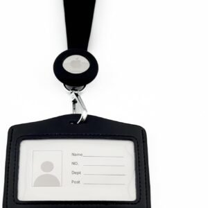 Lanyard for Id Badge Reel with AirTag Holder – Apple AirTag Compatible Plastic ID Badge Tracker for Safety – Easy Access, Secure & Stylish Double Sided ID Badge – Black