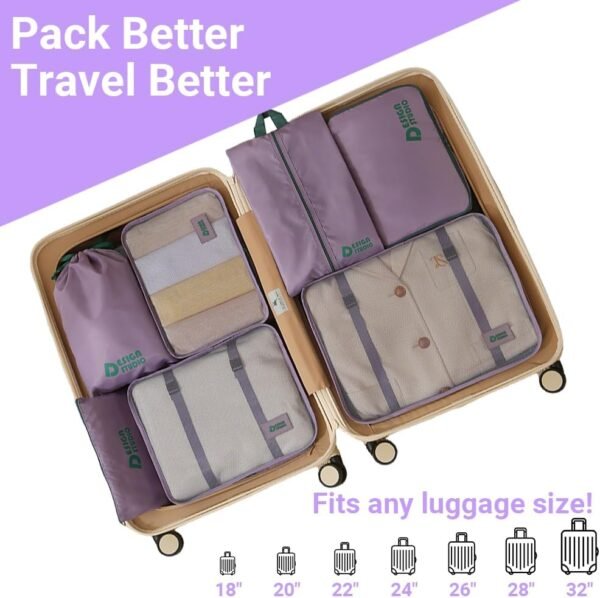 7 Set Packing Cubes for Travel Suitcase,Organizer Bags Set for Luggage (Purple) - Image 6