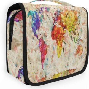 AUUXVA Travel Toiletry Bag Watercolor Vintage World Map Colorful Paint Cosmetic Organizer Bag Hanging Makeup Bag with Zipper Pocket and Handle, Portable Wash Bag for Women Men Girls