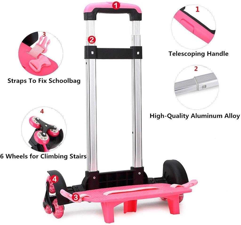 Backpack Hand Truck Wheeled Cart Trolley Hand Aluminium Alloy Folding Trolley Cart for Schoolbag/Backpack (Pink with Six Wheels) - Image 4