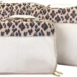 Itzy Ritzy Packing Cubes for Travel – Set of 3 Large Packing Cubes or Travel Organizers; Each Cube Features a Mesh Top, Double Zippers and a Fabric Handle; Large Sizes (Leopard)
