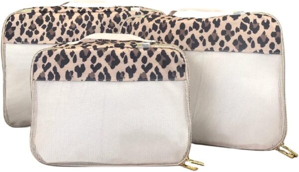 Itzy Ritzy Packing Cubes for Travel – Set of 3 Large Packing Cubes or Travel Organizers; Each Cube Features a Mesh Top, Double Zippers and a Fabric Handle; Large Sizes (Leopard)