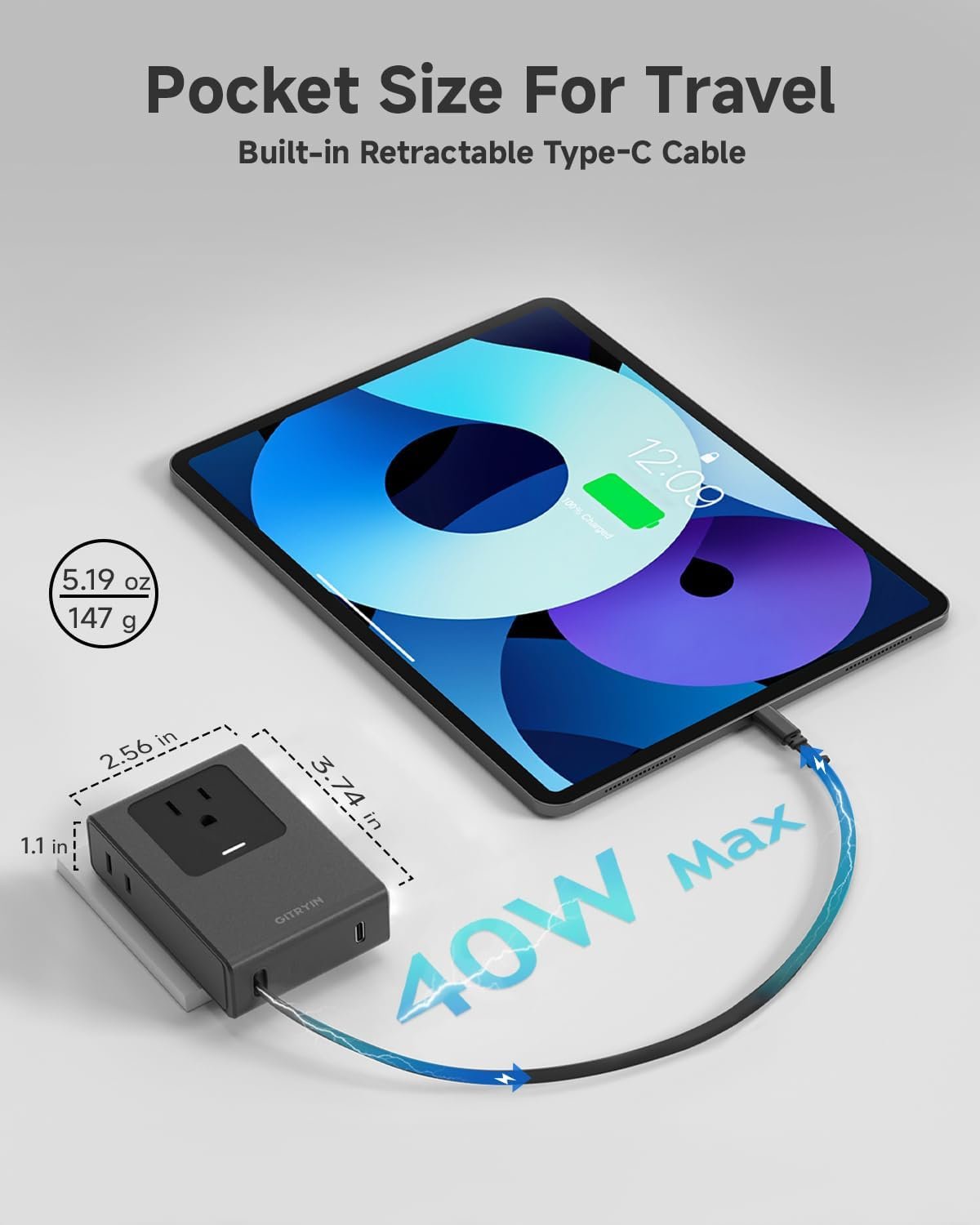 Travel Plug Adapter with Retractable 31.5in Type-C Cable, 40W International Pug Adapter with 3 Outlets, Black - Image 3