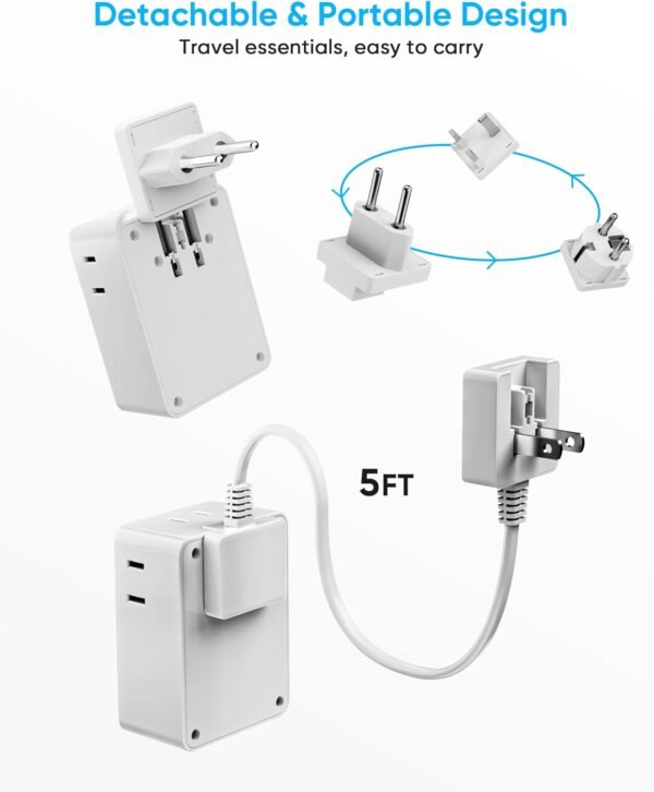 European Travel Plug Adapter, 5ft Detachable Extension Cord with Type C/G/E/F Plug Kit, 4 AC Outlets, 4 USB Ports (2 USB C), UK Germay France Greece Travel Plug Adapter - Image 3