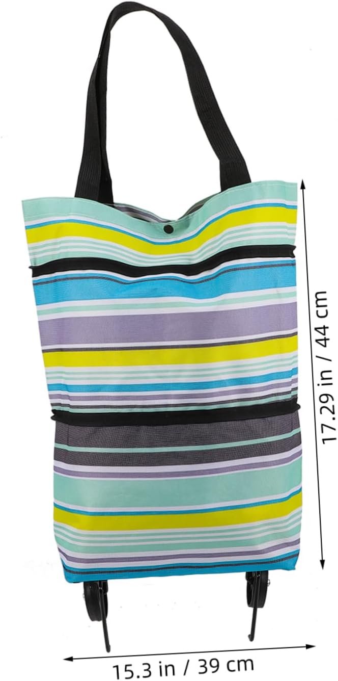 jojofuny Adjustable Handle Foldable Grocery Trolley Bag with Wheels Reusable Shopping Pouch for Travel and Laundry Portable Cart Bag for Daily Groceries and Use Blue Stripe - Image 2