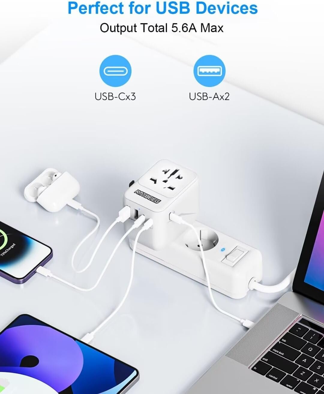 International Power Plug Adapter, Rmtbeeg Universal Travel Adapter with 3 USB-C and 2 USB-A Ports, All-in-One Worldwide Wall Charger for Europe UK EU AUS (Type C/G/A/I), Plug Adaptor Travel - Image 3