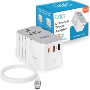 Ceptics GAN 70W Universal Travel Adapter with 65cm Retractable USB-C Cable, 2X USB-A (1x QC 3.0), 1x Type C Port (PD 70W), Universal Power Adapter with Type A, C, G, I Output