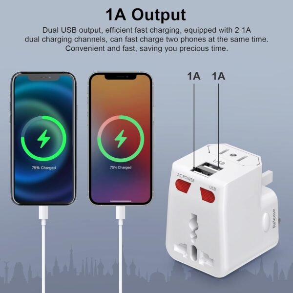 Universal Travel Adapter with Fast Charge,Worldwide Travel Plug Adapter with 2 USB Port and AC Socket (Travel Adapter White) - Image 4
